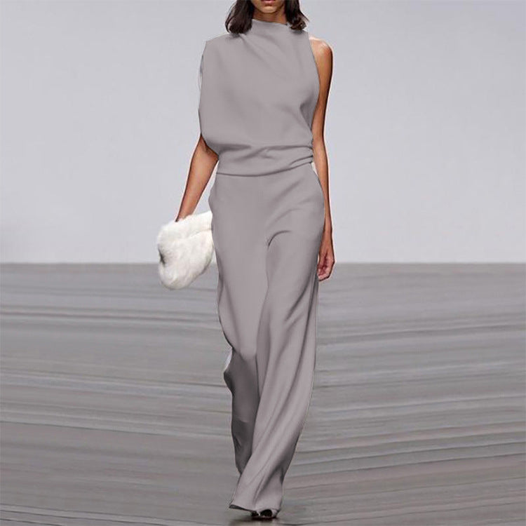 Womens Solid Color One Shoulder Ruched Collar Jumpsuit