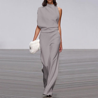 Womens Solid Color One Shoulder Ruched Collar Jumpsuit