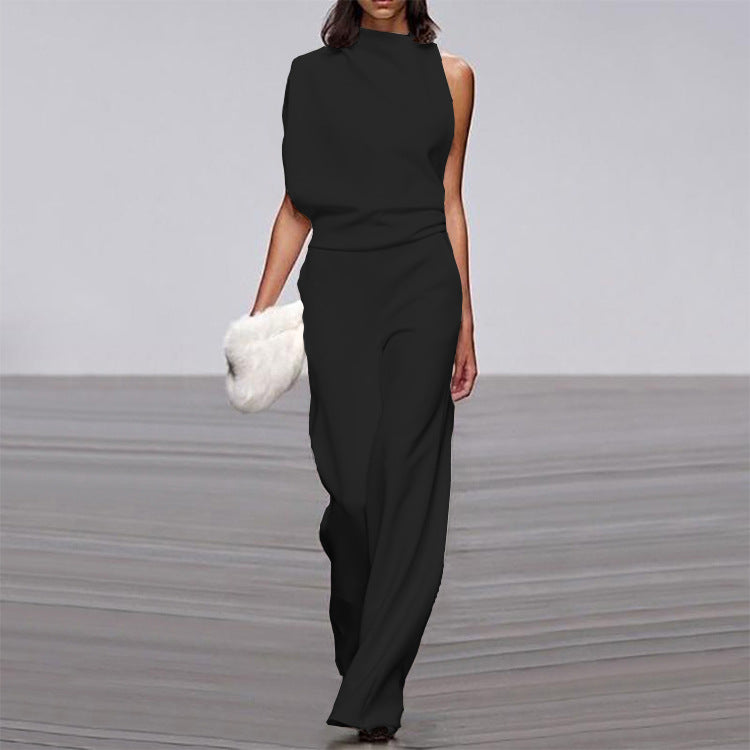 Womens Solid Color One Shoulder Ruched Collar Jumpsuit