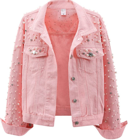 Women's Pearl Rhinestone Cropped Denim Jacket Long Sleeve Slim Fit