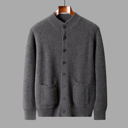 Men's Pure Cashmere V-Neck Cardigan Sweater Solid Color Long Sleeve Buttoned Knitwear