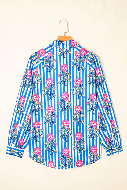 Blauw gestreept overhemd met bloemenprint en losse pasvorm