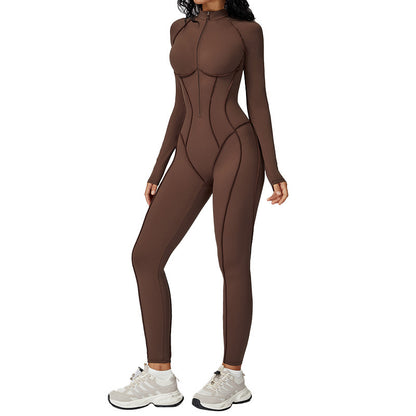 Vertical stripe stand-collar one-piece yoga suit