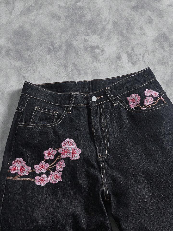American Retro Cherry Blossom Embroidered Wide Leg Jeans for Men