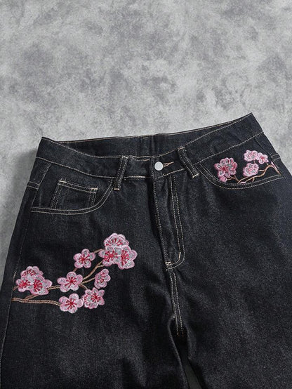 American Retro Cherry Blossom Embroidered Wide Leg Jeans for Men