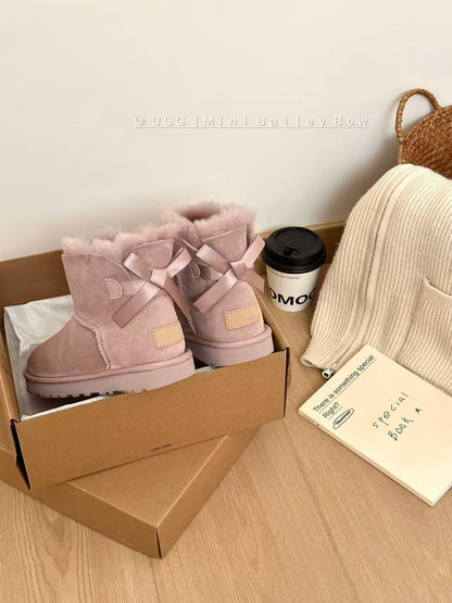 Classic Sheepskin Snow Boots with Ribbon Bow