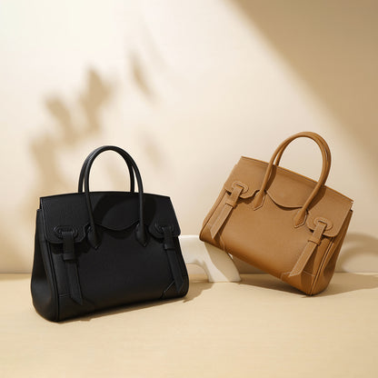 Litchi-patterned genuine top-grain cowhide handbag
