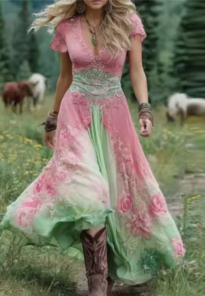 Creatieve dames boho-jurk met borduurwerk en print