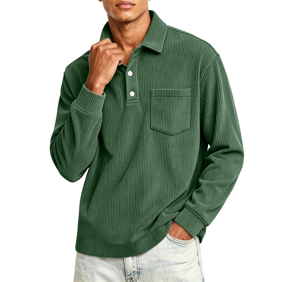 Heren corduroy poloshirt met halve knoopsluiting en lange mouwen