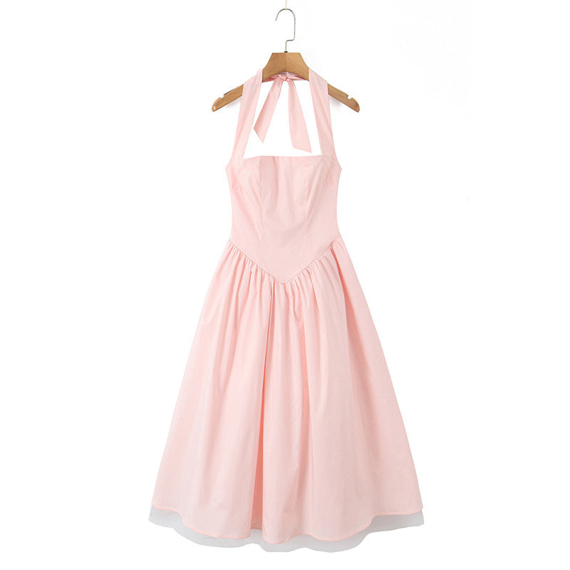 French Backless Cross-Tie Halter Dress