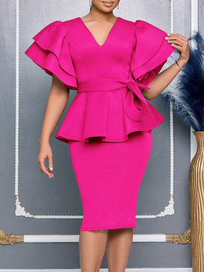 Elegant dress with lotus-leaf trim and solid color