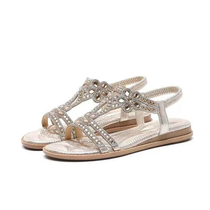 Bohemian Rhinestone Floral Flat Sandals