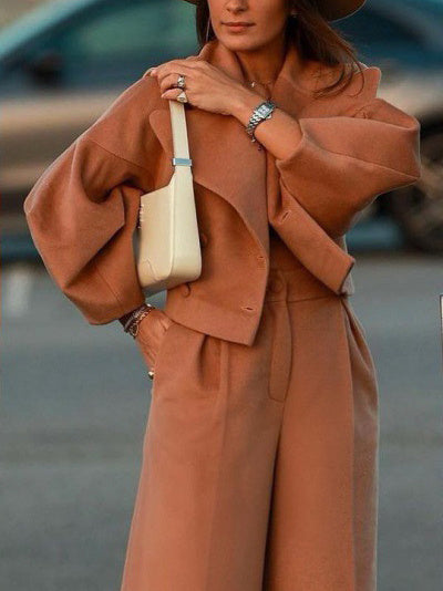 High-End effen kleur revers kort jasje en hoge taille broek pak of apart