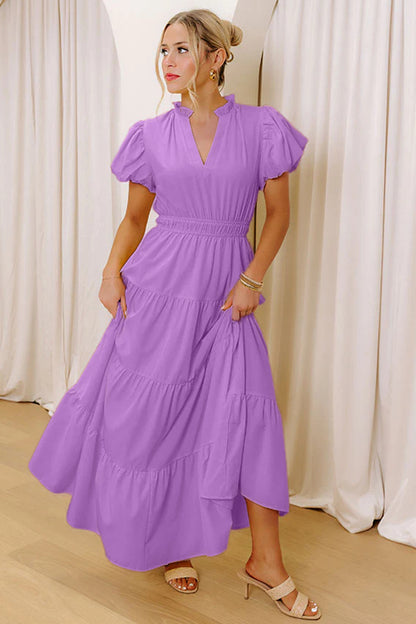 Effen maxi-jurk met V-hals korte pofmouwen en hoge taille
