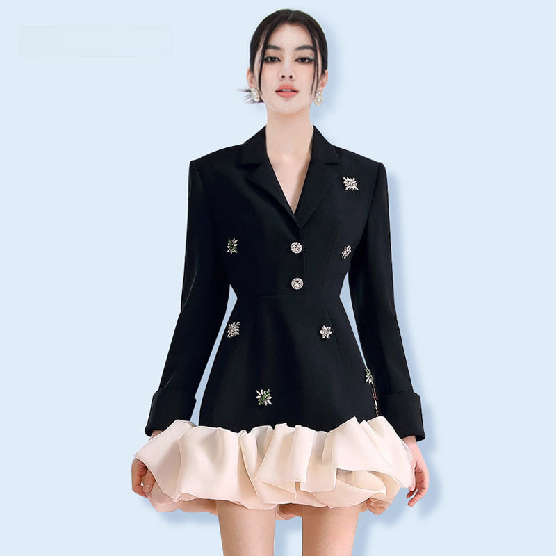 Niche design suit skirt 2023 autumn rhinestone elegant irregular organza stitching dress