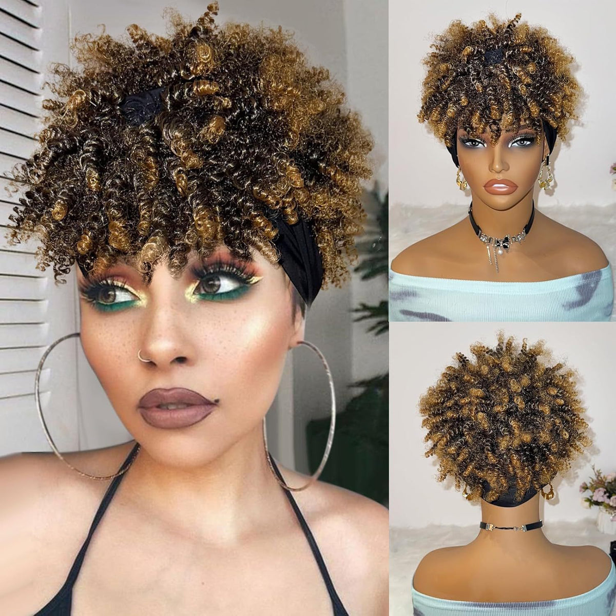 Women's Curly Headband Wig with Bangs
