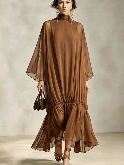 Loose Fit Pleated Dress with Batwing Sleeves