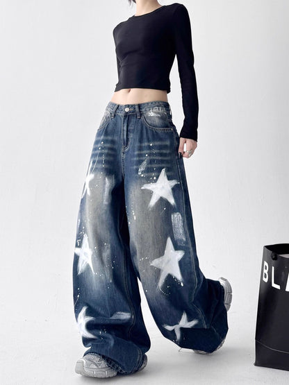 Retro Star Graffiti Wide Leg Jeans