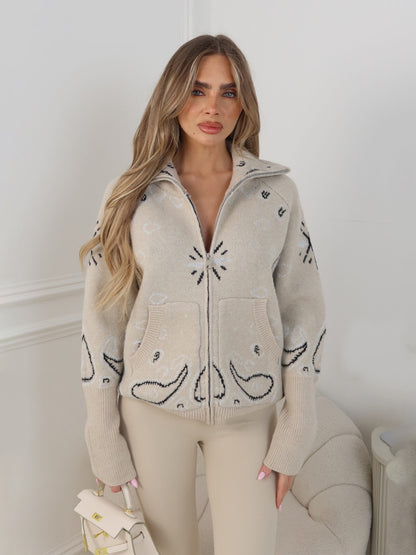 Retro Paisley Print Knitted Cardigan