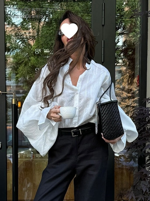 Womens Lantern Sleeve Stand Collar Blouse