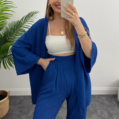 Lange mouwen effen kleur geplooide elastische taille broek tweedelig set