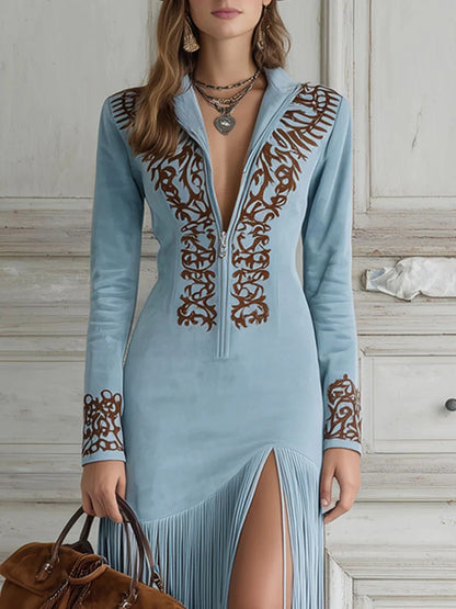 Retro Ethnic Tassel Floral Zipper Long Dress
