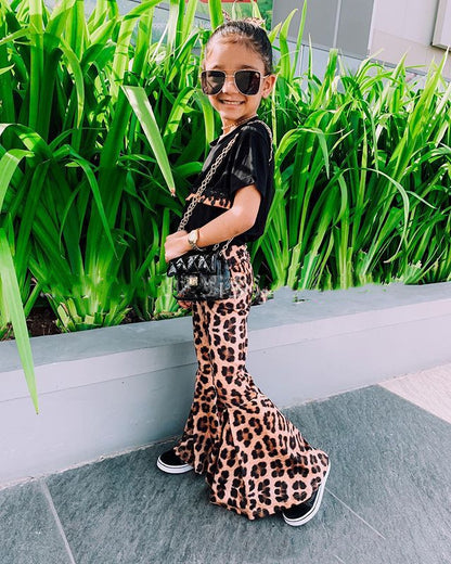 Meisjes Stiksels Lange mouwen T-shirt Luipaardprint Uitlopende Broek Set