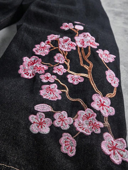 American Retro Cherry Blossom Embroidered Wide Leg Jeans for Men
