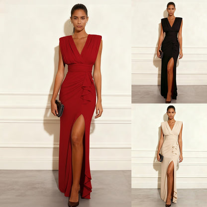 Womens V-Neck Sleeveless Slit Dress