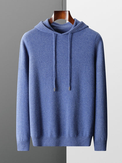 Mens Hooded Cashmere Blend Sweater Solid Color Long Sleeve Knit Pullover