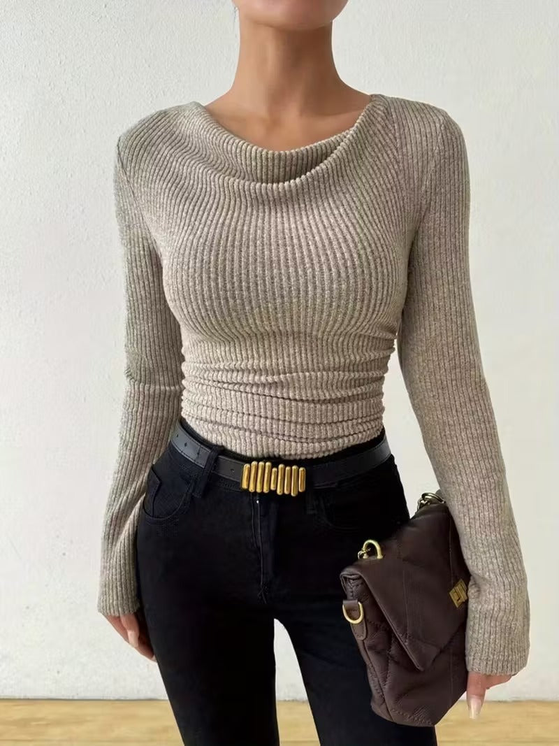 Women's solid-color long-sleeved knitted pullover sweater