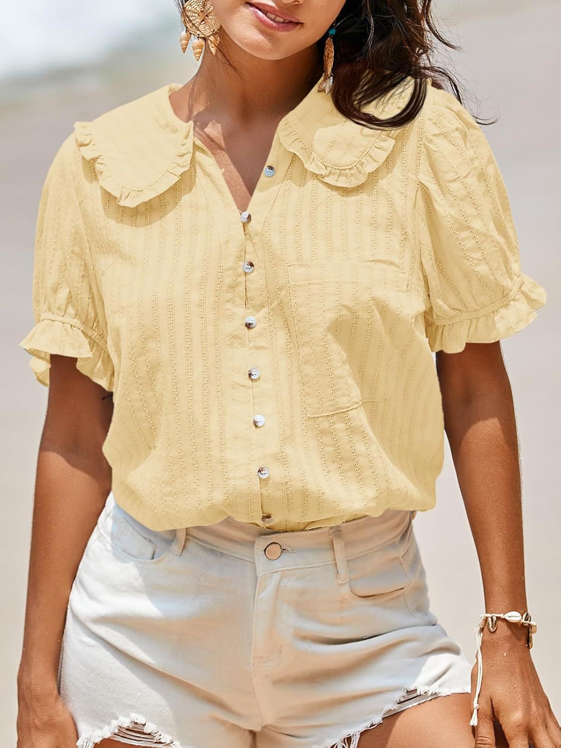 Womens Peter Pan Collar Bubble Sleeve Blouse