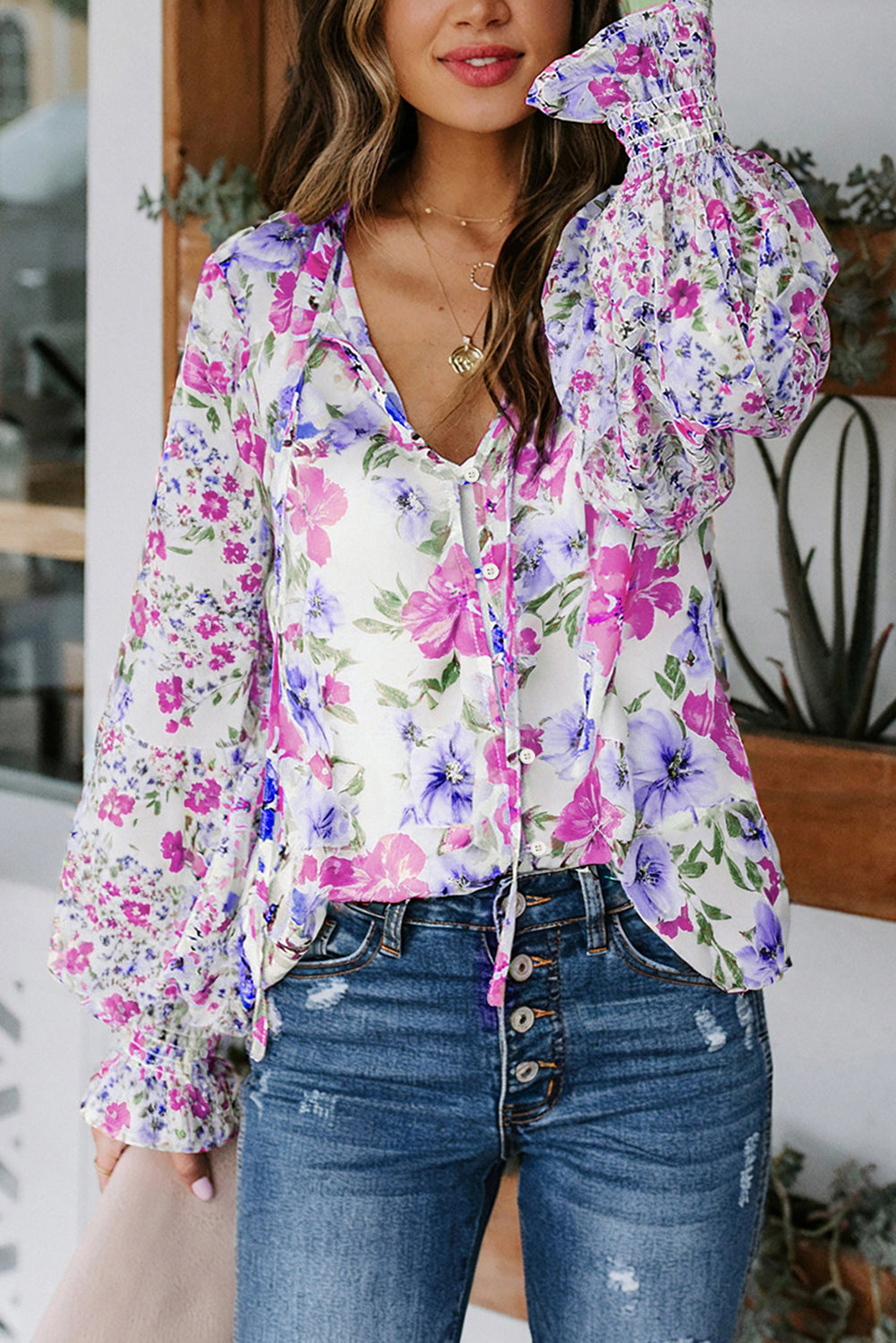 Casual Cakewalk blouse met bloemenprint en smockwerk
