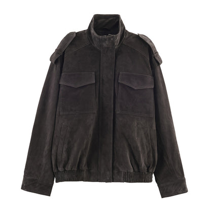 Women's Casual Stand Collar Leather Jacket Loose Long Sleeve Jacket