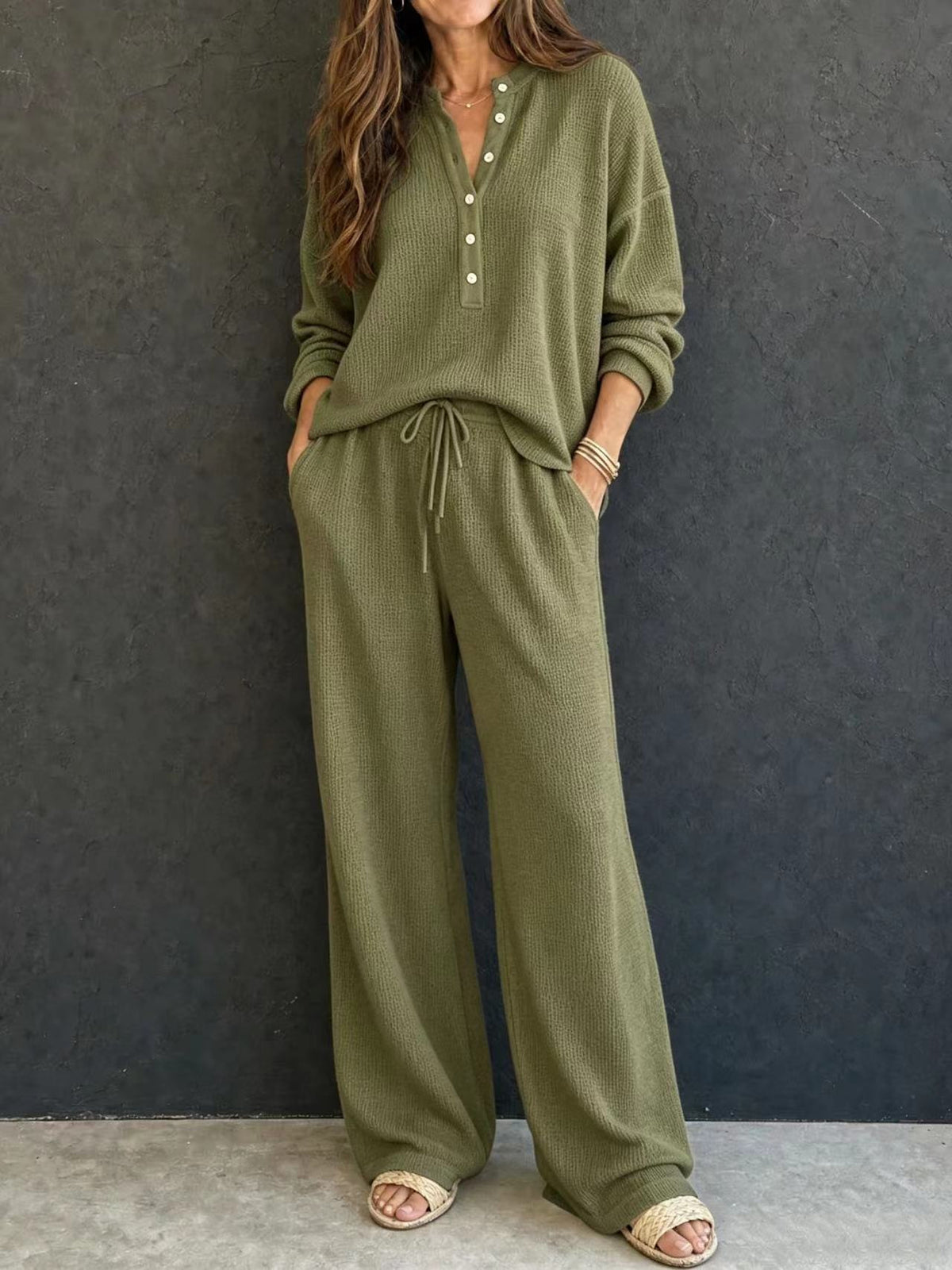 Women's Solid Color Knit Rib Top Straight Pants Set
