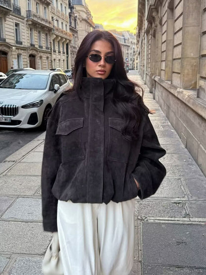 Women's Stand Collar Suede Texture Jacket