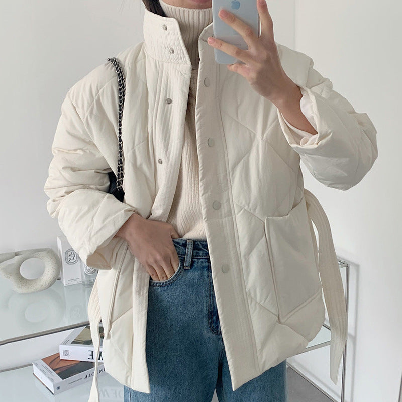 Katoenen pufferjas met grote warme zakken en tailleband