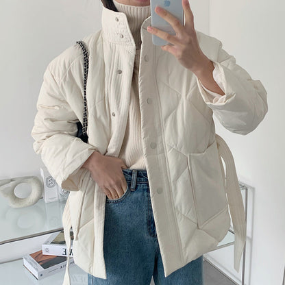 Katoenen pufferjas met grote warme zakken en tailleband