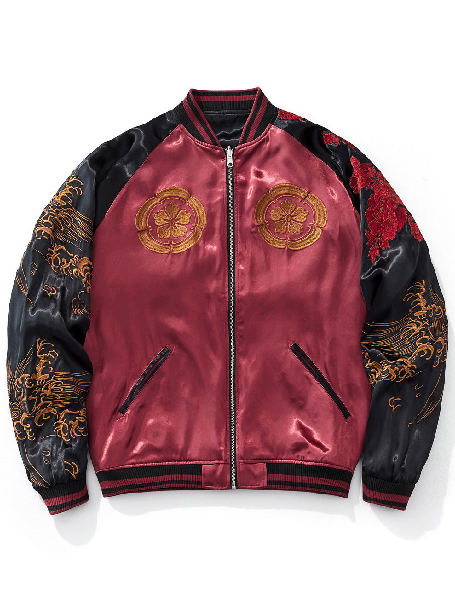 Chinese-style embroidery can be applied to reversible baseball jackets