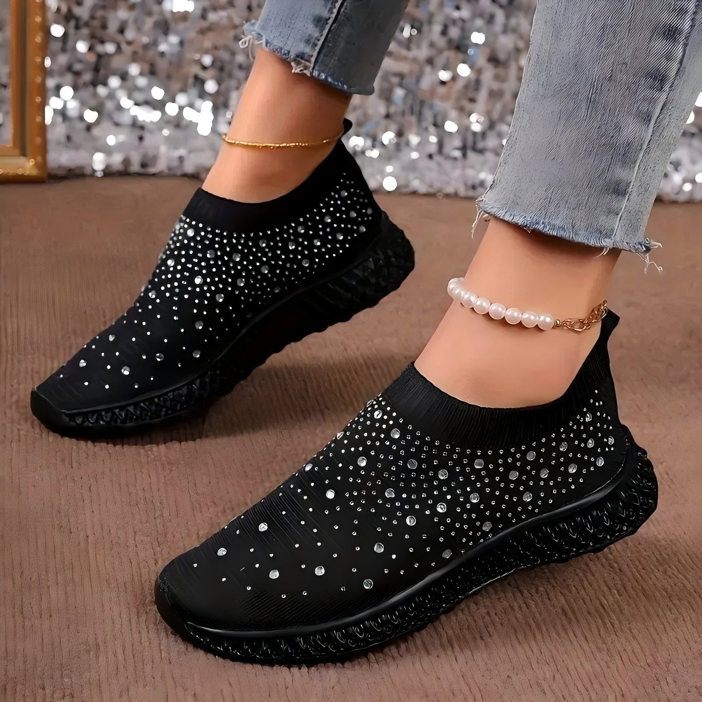 Mesh Rhinestone Flat Casual Shoes