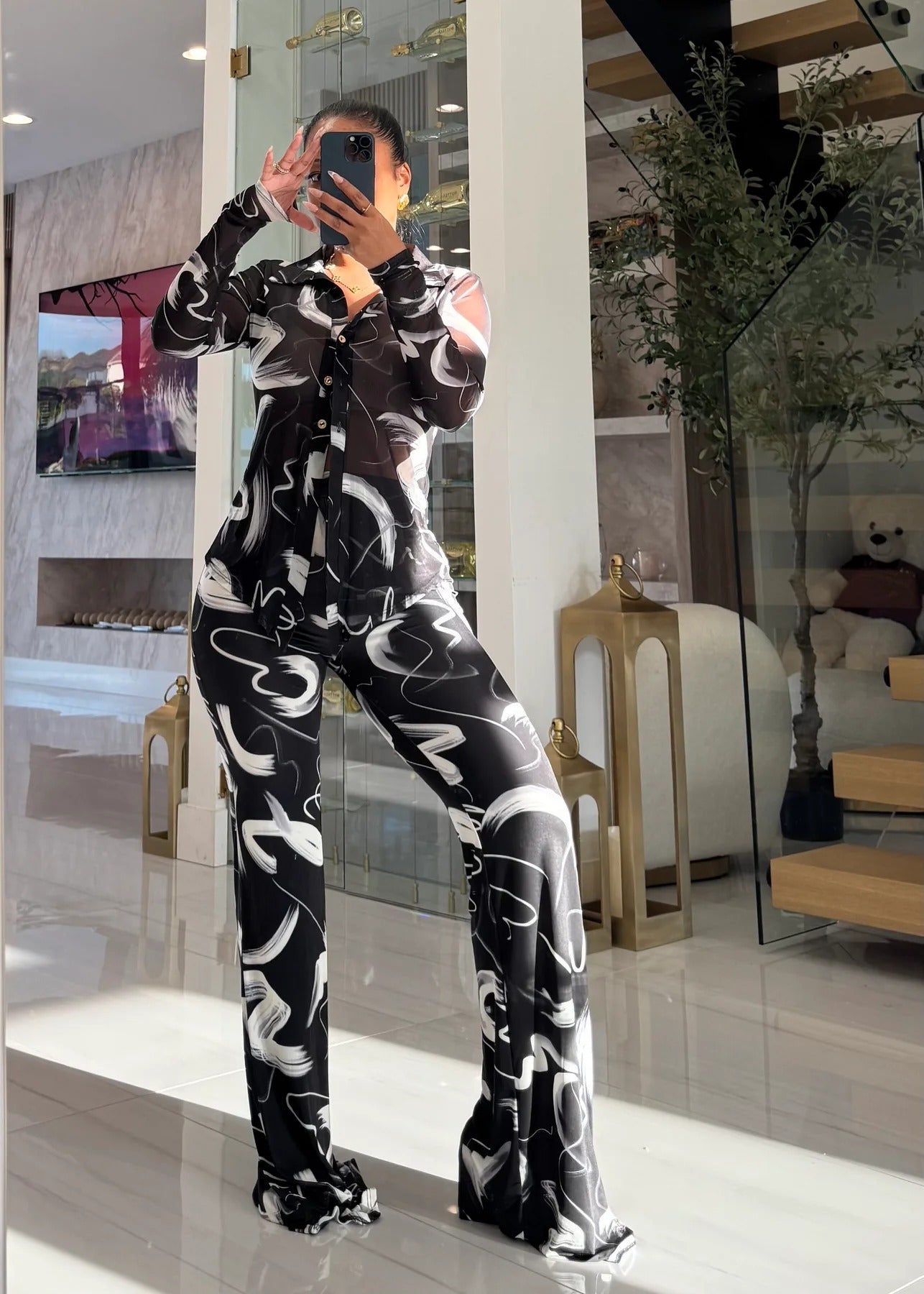 Womens Printed Mesh Cardigan Flared Pants Set