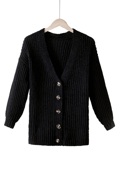 Gray Buttoned Front Drop Shoulder Knitted Cardigan