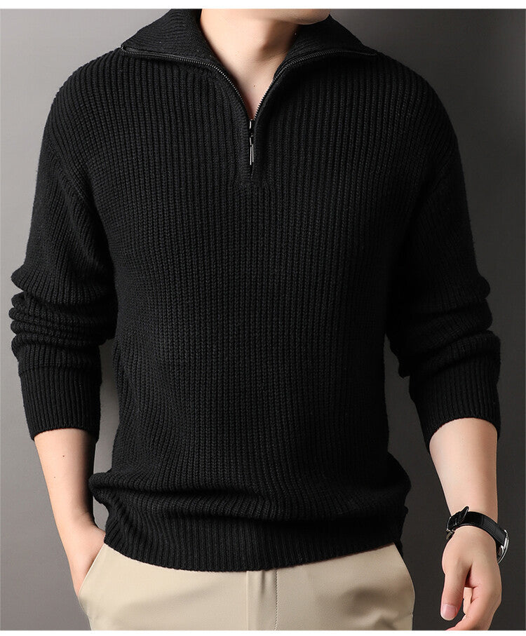 Men's Solid Color Long-Sleeve Turn-Down Collar Knitted Sweater