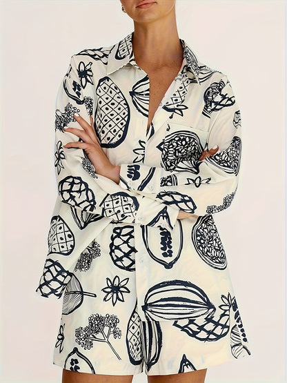 Losse overhemd en shorts met fruitprint tweedelige set