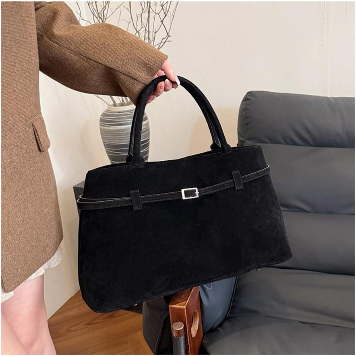 Suede Belt Buckle Tote Bag