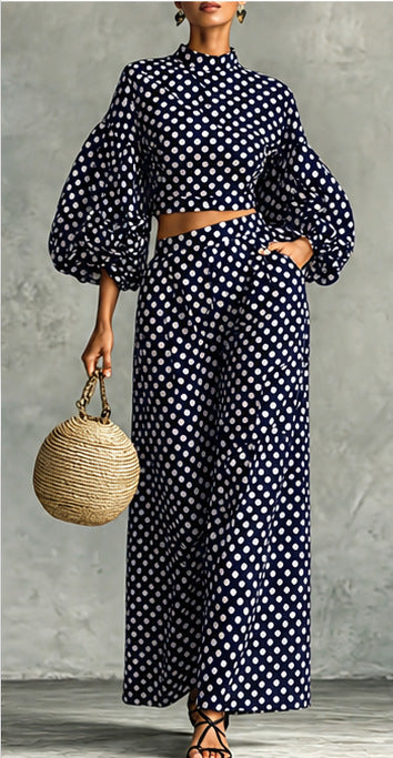 Women's polka dot bubble sleeve top wide leg pants 2 piece set