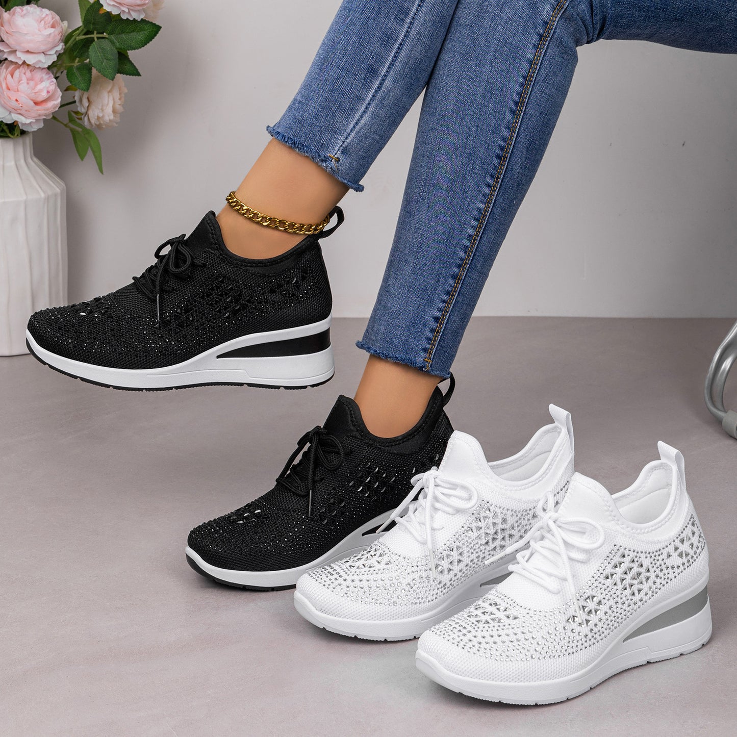 Rhinestone Lace-Up Women Casual Shoes