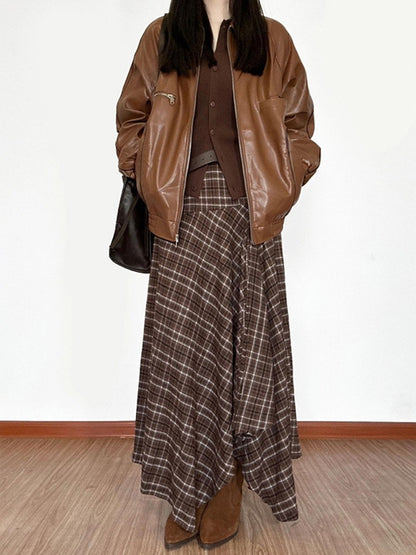 Women's Plus Size Brown Plaid Irregular Hem Long Skirt