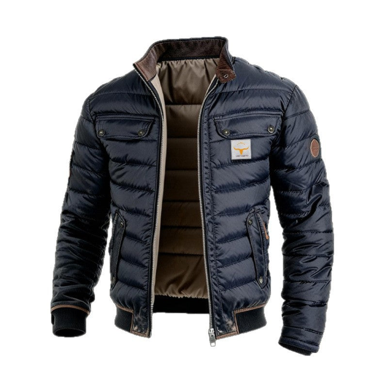Men's Retro Quilted Zip-Up Jacket with Cotton Filling