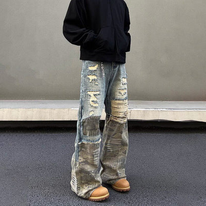 Vintage Camouflage Stitching Ripped Heavy Jeans